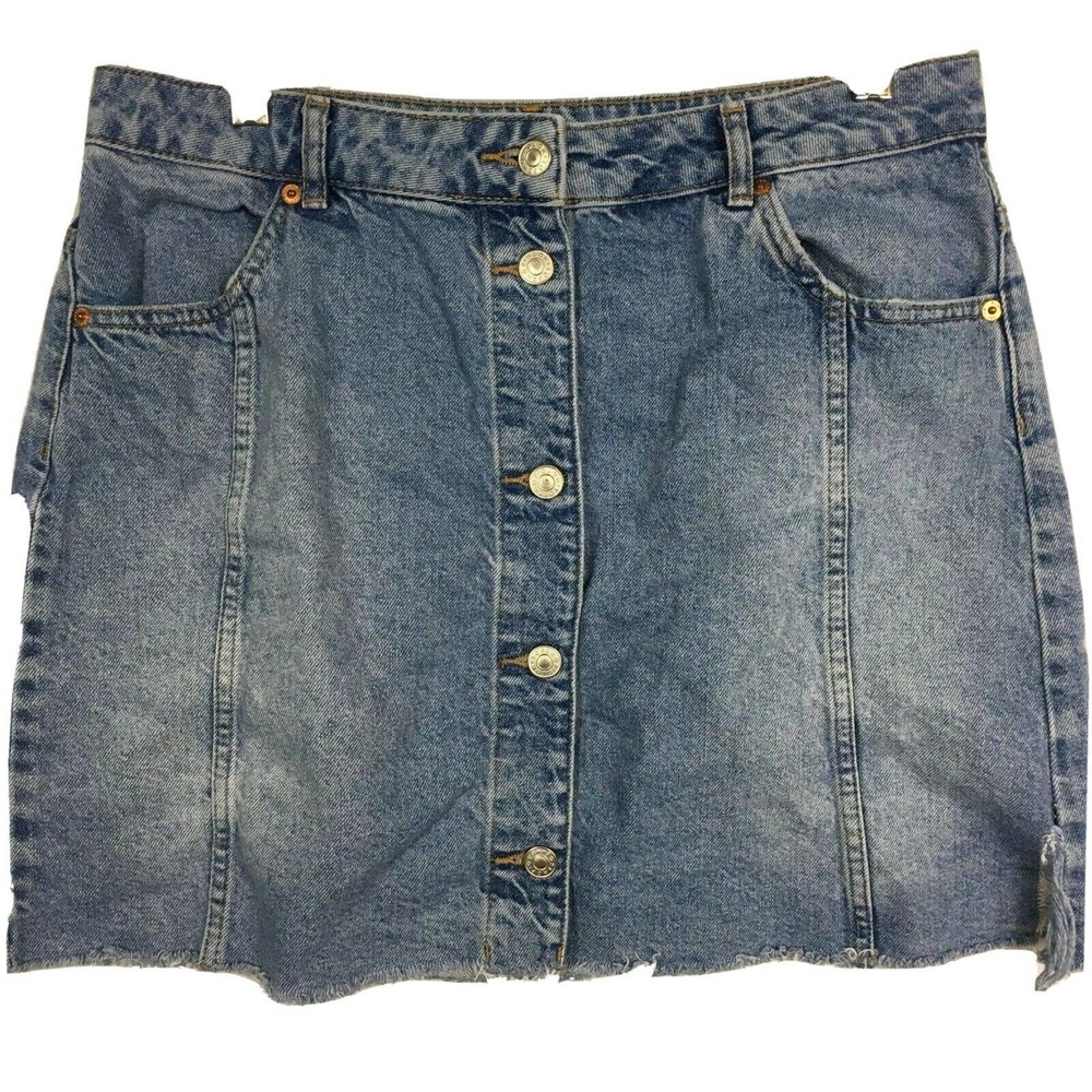 Topshop Moto Skirt‎ Womens Sz 12 Light Wash Button Front Frayed Denim Mini